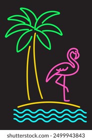 Abstract flamingo bird and palm tree, neon colored outline illustration. Flamingo on the beach and palm tree. Minimalistic thick colorful line design.