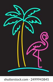 Abstract flamingo bird and palm tree, neon colored outline illustration. Flamingo on the beach and palm tree. Minimalistic thick colorful line design.