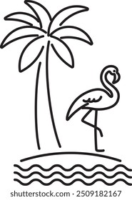 Abstract flamingo bird and palm tree, black outlined illustration. Flamingo on the beach and palm tree. Minimalistic thick line design.