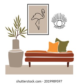 Abstract flamingo and eyeshaped mirror.Modern boho interior with abstract elements in  cut out style.