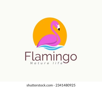 abstract flamingo with water sun background logo template illustration inspiration