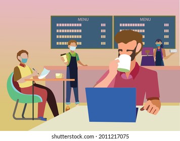 abstract and flat artwork about co-work place in cafe in the morning