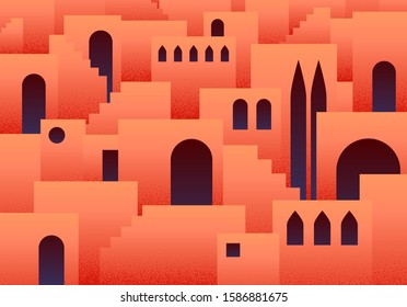 Abstract flat background with eastern or muslim ancient city with arches and step ladders in lush lava color