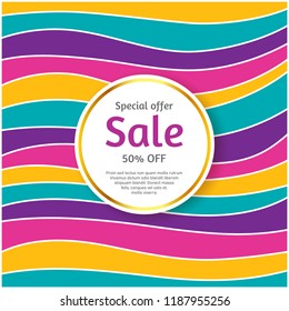 Abstract flat background for sale with colorful waves. Modern banner or poster template. Vector design illustration.