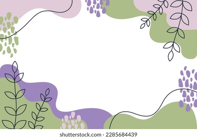 Resumen de fondo plano con formas, plantas y líneas. Color violeta claro y verde. Ilustración del vector	