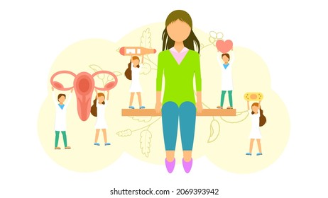 Abstract Flat Big Woman With Many Gynecologist's Appointment Medic Cartoon People Character Man Concept Illustration Vector Design Style Healthcare Diagnosis Clinic