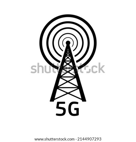 Abstract flat black color telecommunication tower with 5g signal. Wireless antenna for mobile and internet technology