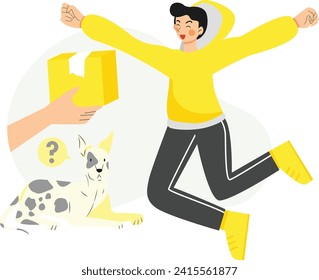 Resumen personaje de chico plano muy feliz cuando llegó la orden con la ilustración de su perro