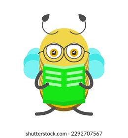 Abstract Flat Cartoon Animal Insect Beetle Bee With Book Fly Honey Yellow Animal Vector Design Style Elements Fauna Wildlife