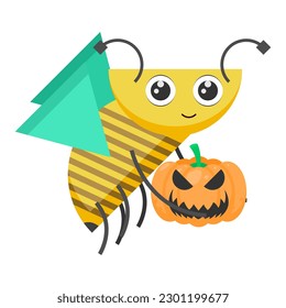Abstract Flat Cartoon Animal Insect Beetle Bee With Pumpkin Fly Honey Yellow Animal Vector Design Style Elements Fauna Wildlife