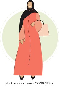 Abstract flat cartoon arabic muslim beautiful woman in hijab and fashiِon pink abaya and handbag from UAE or Saudi Arabia