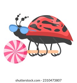 Abstrakter Flach Cartoon Verschiedenes Tierinsekt Ladybug mit Lollipop Vector Design Style Elements Fauna Wildlife