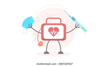 Abstract Flat Character First Aid Kit With Mask And Syringe Cartoon Concept Illustration Vector Design Style
