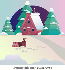 Abstract Flat Christmas background with winter home, house, forest . perfect holiday illustration with cottage, landscape with tree. firewood