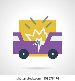 Abstract flat color style vector icon for car crash or car accident. Two smash purple automobiles. Occasions for car insurance. Design element for business, logo and website.