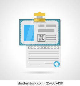 Abstract flat color vector icon for analysis paper with patient identity card on white background.