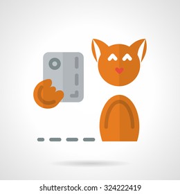 Abstract flat color vector icon for modern animals and pets. Cute orange cat taking self portrait with phone. Elements of web design for business.