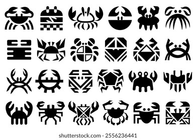 Abstract flat crab icons, different styles and shapes. Crab designs for logo, icon, branding, label, emblem, patterns, symbol, decorations designs and more