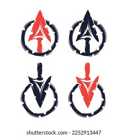 Abstract flat dark blue and orange spear head symbols isolated on white background. Arrow with sample text for company logo or corporate symbol