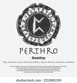 Abstract flat dark circle shield with viking symbol isolated on white background. Scandinavian Perthro rune silhouette with meaning text