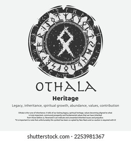 Abstract flat dark circle shield with viking symbol isolated on white background. Scandinavian Othala rune silhouette with meaning text