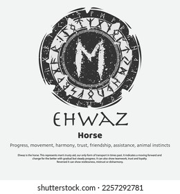 Abstract flat dark circle shield with viking symbol isolated on white background. Scandinavian Ehwaz rune silhouette with meaning text