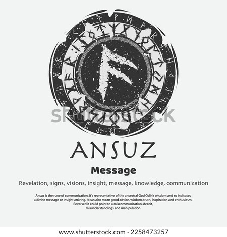 Abstract flat dark circle shield with viking symbol isolated on white background. Scandinavian Ansuz rune silhouette with meaning text