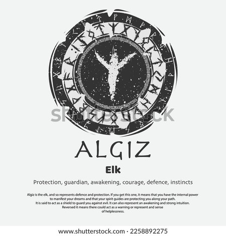 Abstract flat dark circle shield with viking symbol isolated on white background. Scandinavian Algiz rune silhouette with meaning text