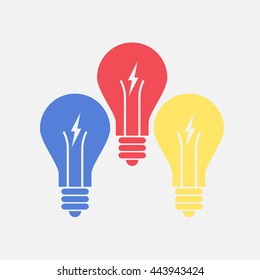 Abstract flat design color lightbulbs. Eureka concept. EPS10 vector.