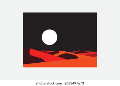 Abstract flat design desert landscape: night scene with moon and orange dunes