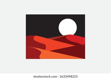 Abstract flat design desert landscape night scene with moon and orange dunes