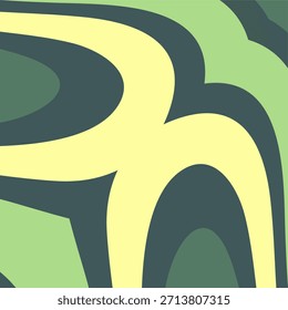 Um design plano e abstrato com formas orgânicas e fluidas e ondas em uma paleta de verde escuro, cal e amarelo pálido.