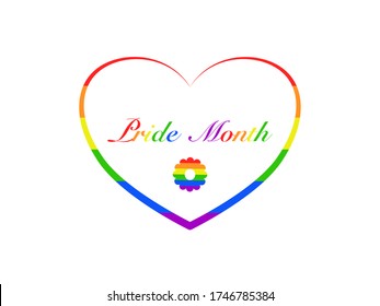 Abstract flat design heart and flower rainbow color, text lettering pride month, colorful rainbow LGBT pride concept community sign and symbol, love big heart rainbow pattern LGBT decoration 