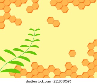 abstract flat design honeycomb background full of honey and leaves orange and yellow background. Honeycomb texture with copypaste holder for presentations or quetes.