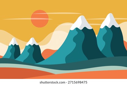 Abstract Flat Design Mountain Landscape with Snow Peaks, Sunset and Vibrant Retro Color Palette