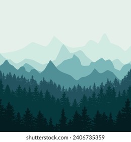 Abstract flat design with mountains silhouettes and big fores