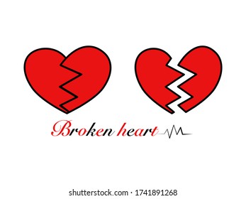Abstract flat design red broken hearts outline red color, heart crack pattern couple vector illustration, unhappy love sign symbol relationship, lettering Broken heart and heart beat in isolated
