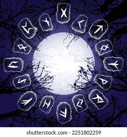 Abstract flat design of stones with rune symbols. Dark night background with different trees and moon. Mystic wallpaper for occult and esoteric designs