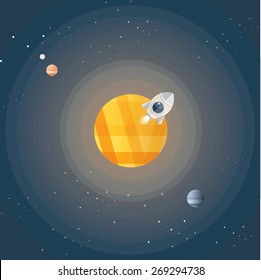 abstract flat design style vector illustration of universe vastness, tiny planets, stars, sun and rocket space ship explorer passing through- space exploration concept artwork