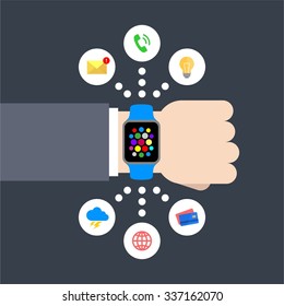 Abstract flat design vector illustration of a businessman hand with a smart watch with infographic chart icons: message, lightbulb, phone call, weather, global, credit card on a dark background