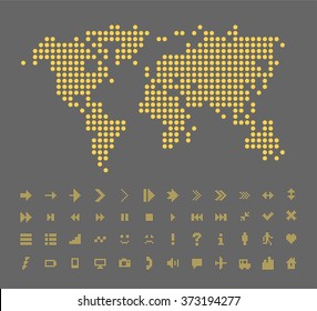 Abstract flat design vector illustration of a dotted world map. Abstract flat design vector dotted icon and arrows collection