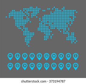 Abstract flat design vector illustration of a dotted world map. Flat design vector collection of different transport and way finding map pointers with icons.
