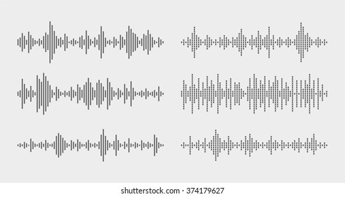 Abstract flat design vector sound waves collection. Equalizer technology vibration set.