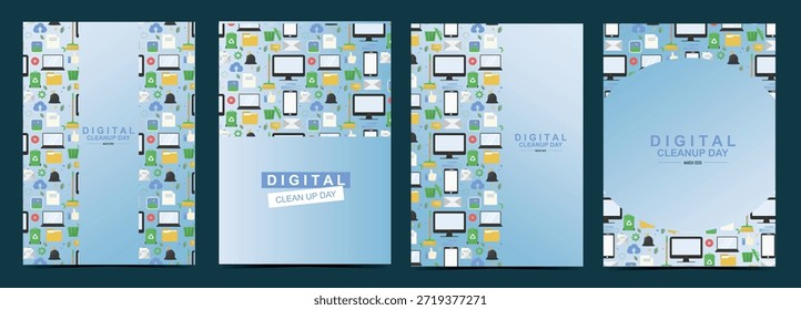 Abstractas afiches de día de limpieza digital plana con coloridos patrones de teléfonos inteligentes y computadoras portátiles que forman marcos alrededor del texto, promoviendo el desorden de datos y las campañas de organización digital. Ilustración vectorial
