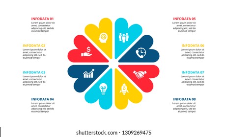 Abstract flat elements of cycle diagram with 8 steps, options, parts or processes. Vector business template for presentation. Creative concept for infographic.