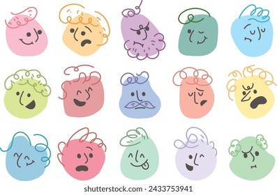 Abstract flat face with variety cute and funny facial expression set. Cartoon doodle style round character emotion. Comic colorful happy, calm, worry, angry, anxiety, smile face with line draw hair