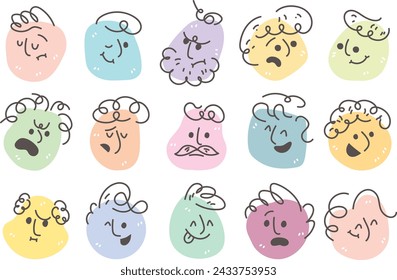 Cara plana abstracta con la variedad lindo y divertido conjunto de expresión facial. Dibujos animados estilo garabato redondo carácter emoción. Comic colorido feliz, tranquilo, preocupado, enojado, ansiedad, sonrisa cara con línea dibujar pelo