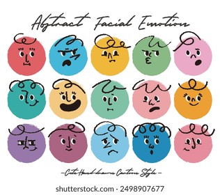 Abstract flat face with variety cute and funny facial expression set. Cartoon doodle style round character emotion. Comic colorful happy, calm, worry, angry, anxiety, smile face with line draw hair