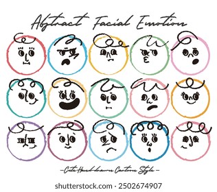 Abstract flat face with variety cute and funny facial expression set. Cartoon doodle style round character emotion. Comic colorful happy, calm, worry, angry, anxiety, smile face with line draw hair