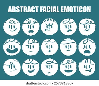 Abstract flat face with variety cute and funny facial expression set. Cartoon doodle style round character emotion. Comic colorful happy, calm, worry, angry, anxiety, smile face with line draw hair